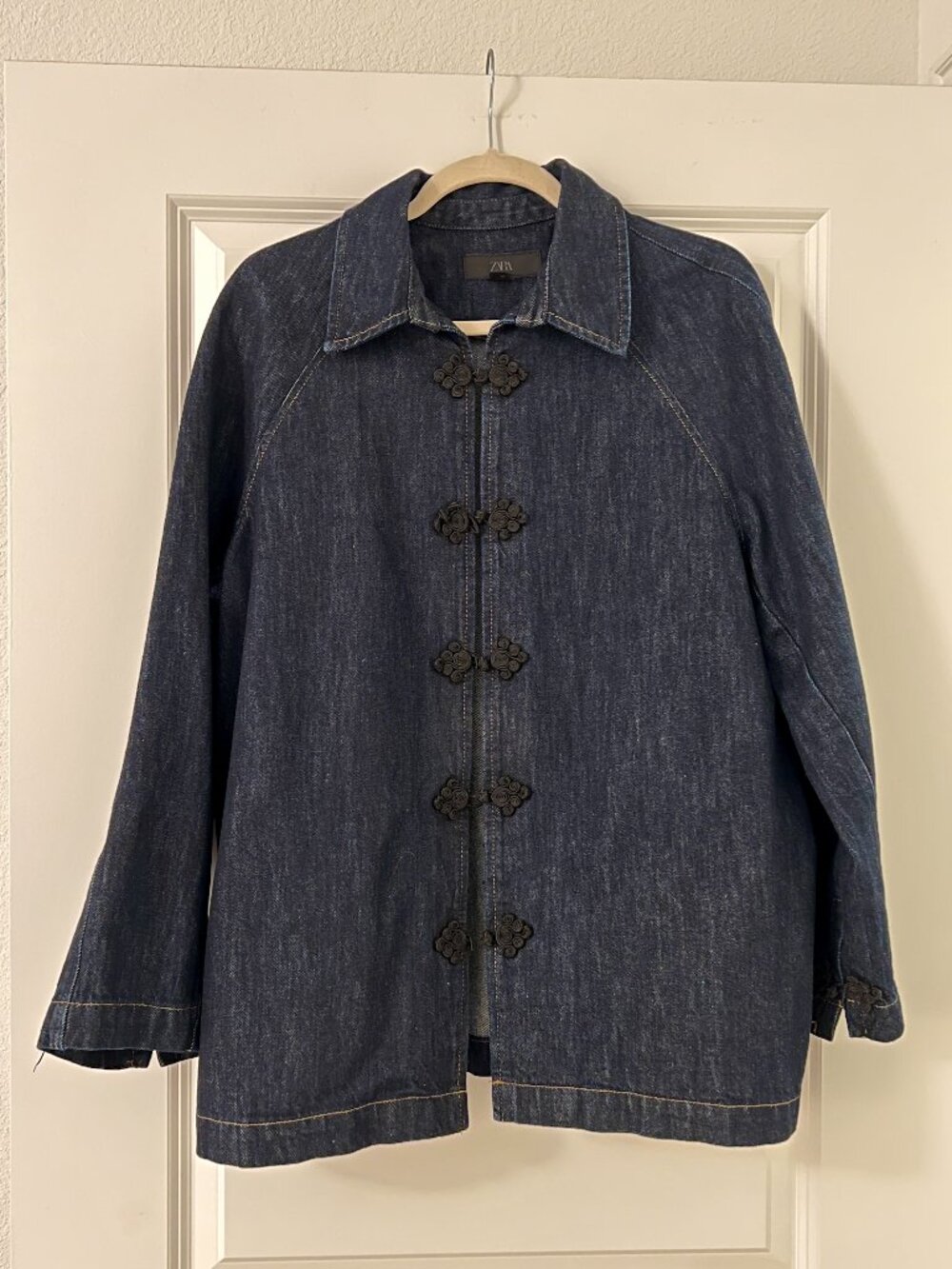 Zara Denim Jean Raglan Sleeve Jacket with Frog Toggle Fireman Clasp